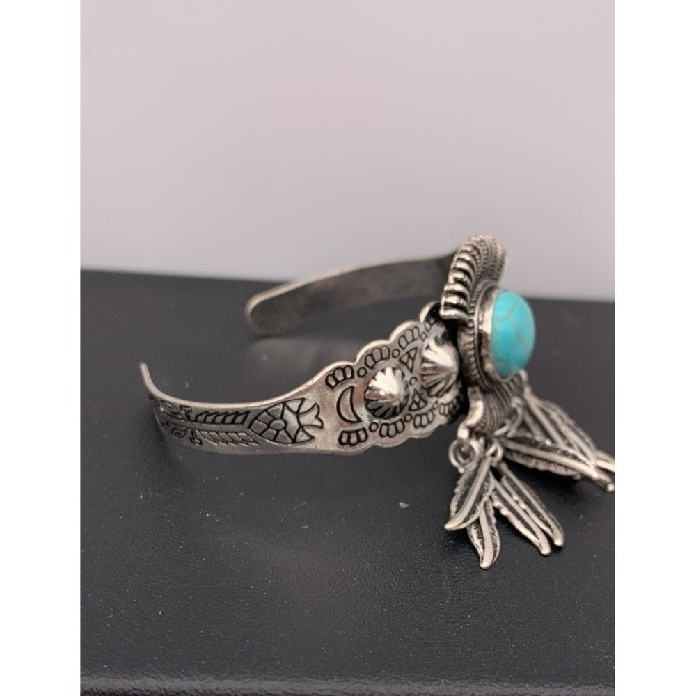 Silver Tone Etched Faux Turquoise Cuff Bangle Bracelet With Feather Dangles Boho - Picture 4 of 7